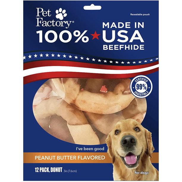 Pet Factory - Made in USA Beefhide Donuts Flavored Dog Treats, 12 count