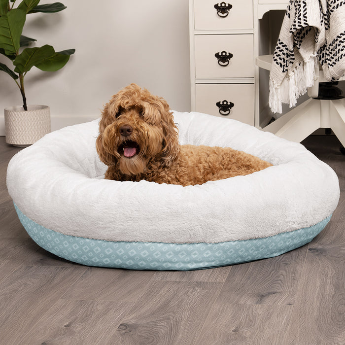 Plush & Diamond Print Calming Donut Dog Bed