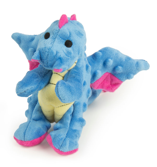 goDog Dragons Small Periwinkle dog toy is covered in soft Blue "bubble" plush texture throughout.