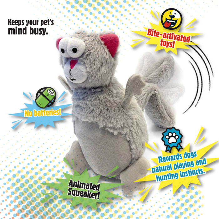 goDog Action Plush Squirrel has a bite activated tail that flips up and down. Features are listed in a comic book style, "Keeps your pet's mind busy.", "Bite-activated toys!", "No batteries!", "Animated squeaker!", "Rewards dogs natural playing and hunting instincts."