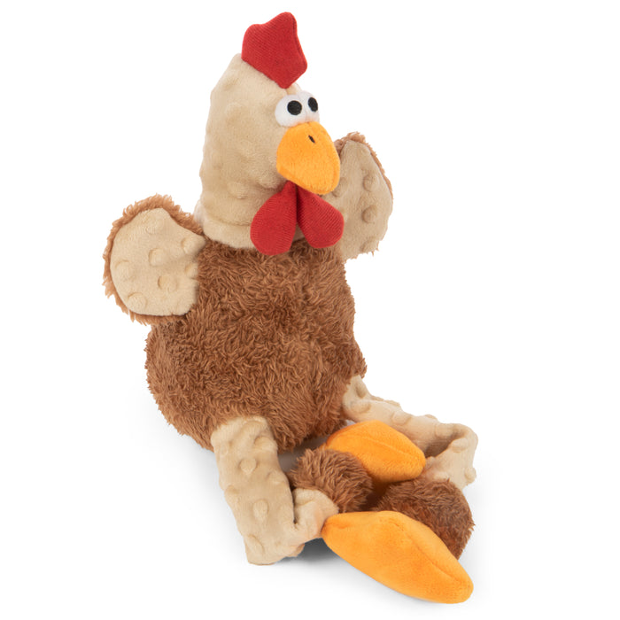 Product image of the goDog action plush rooster. The rooster is mostly brown with a fuzzy body and plush legs wings and head.