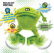 Graphic displaying the features of the goDog action plush frog. Legs kick when the dog bites this toy. Comic book style graphic displaying features, "Keeps your pet's mind busy.", " Rewards dogs natural playing and hunting instincts", "No batteries!", "Bite-activated toys!", "Animated Squeaker!".