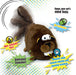 Image showing the Range of Motion of the goDog Action Plush Beaver. Features are listed in a comic book style. "Bite-activated toys!", "No batteries!", "Animated Squeaker", "Rewards dogs natural playing and hunting instincts.", "Keeps your pet's mind busy."
