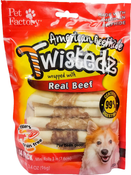 Pet Factory - Twistedz American Beefhide Mini Rolls with Meat Wrap 3-3.5" 14-Pack Dog Treats