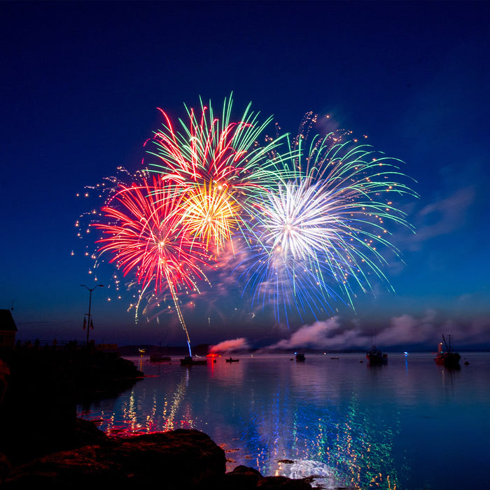 Various multicolored fireworks going off over a large body of water at FurHaven Pet Products