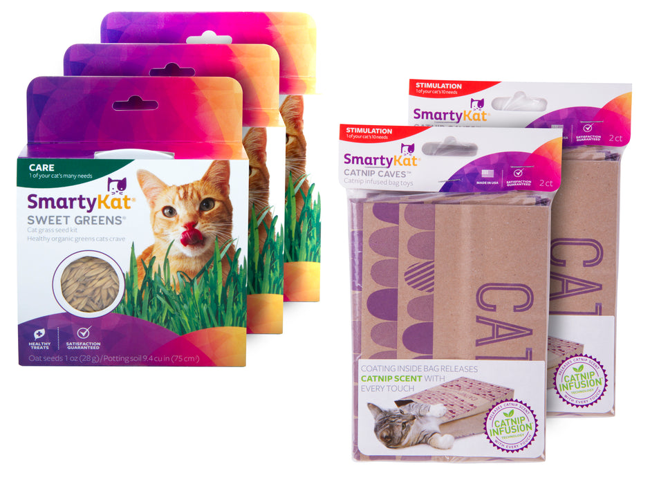SmartyKat - (5-Set Bundle) Catnip Caves Infused Cat Hideout & Sweet Greens Cat Grass Grow Kit