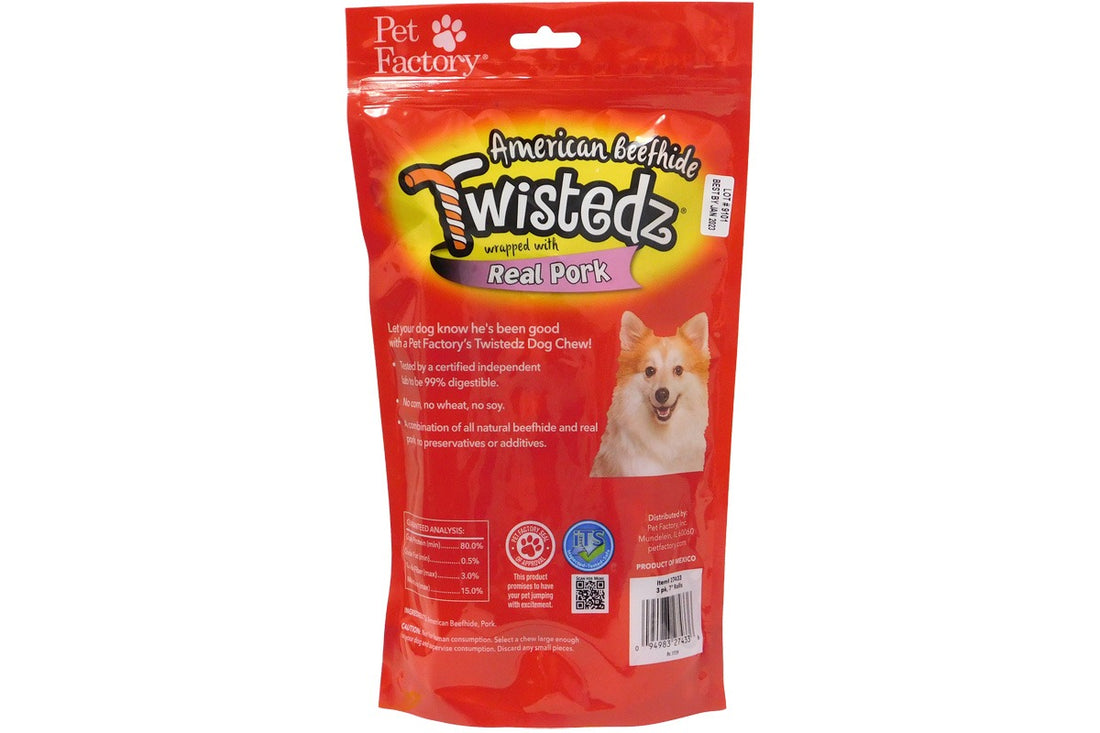 Pet Factory - Twistedz American Beefhide Rolls w/Pork Meat Wrap, 7″ 3pk