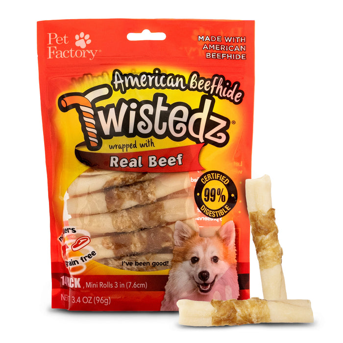 Pet Factory - Twistedz American Beefhide Mini Rolls with Meat Wrap 3-3.5" 14-Pack Dog Treats