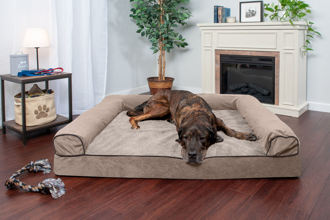 FurHaven Faux Fleece & Chenille Soft Woven Pillow Sofa Pet Bed - Coffee (Large)