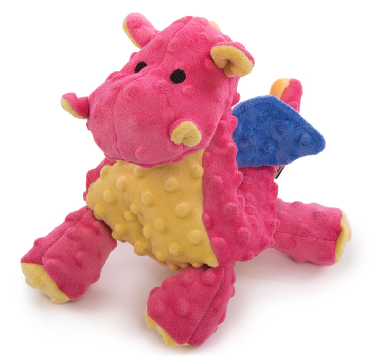 Pink Plush dragon dog toy with small "bubble" plush material dotted throughout