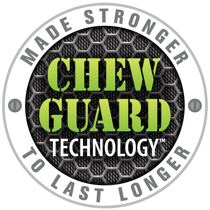 A Circle Graphic/Badge Image that displays in Large Green letters, "CHEW GUARD TECHNOLOGY" around the edge of the circle is written in a slate gray bold letters "MADE STRONGER TO LAST LONGER"