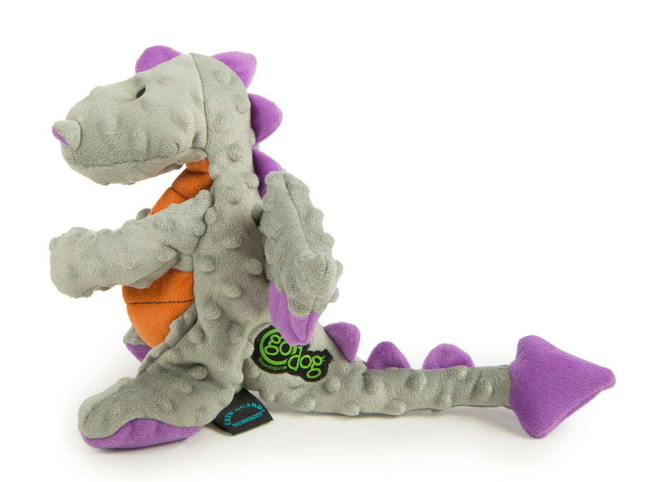 Side profile of the godog Dragons Gray Large Plush dog toy reveals a long dragon tale with purple accent "scales"