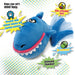 graphic displays the features of the godog action plush shark displays the movement of the shark's tail fin. in comic book styling the features are listed, "Keeps your pet's mind busy.", "Rewards dogs natural playing and hunting instincts.", "Bite-activated toys!", "No batteries", "Animated Squeaker!".