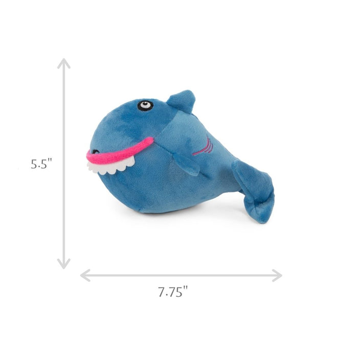 Dimensions displayed for the goDog action plush shark. Length is displayed next to an arrow, 5.5" by 7.75"