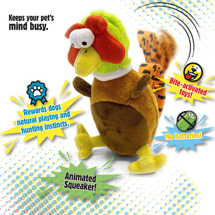 Graphic showing the movement of the godog action plush pheasant tail's movement when activated. Comic book styling displays the various features.