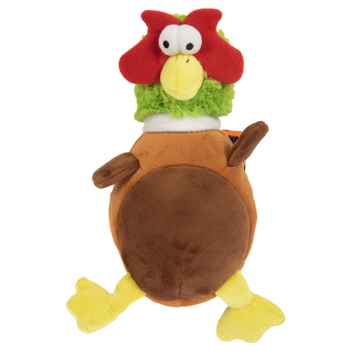Product image of the goDog Action Plush Pheasant. A brown pheasant with colorful head and tail. The toy looks soft and round, with goofy face and short legs.