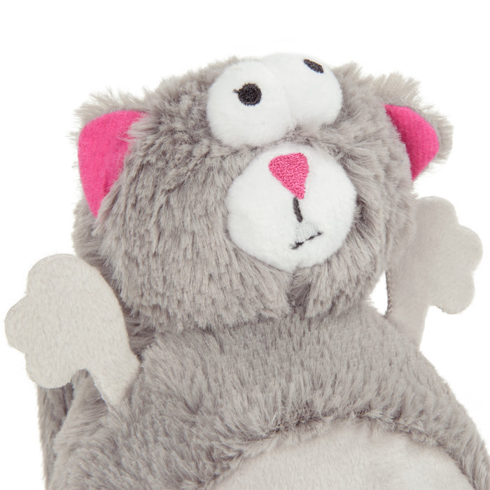 Detailed picture of the godog action plush squirrel. A gray furry plush and pink details in the face looks very soft.
