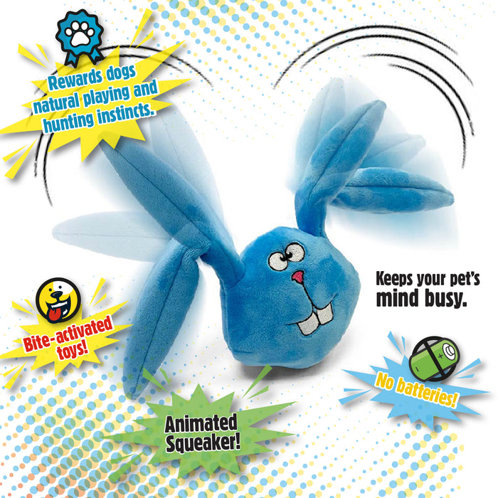 Image of a Blue Rabbit Plush Dog Toy indicating the Range of Motion of the toy when a dog bites down on the toy. in comic book styling the features of the toy are listed, "Rewards dogs natural playing and hunting insticts.", Bite-activated toys!", "Animated Squeaker", "No batteries".