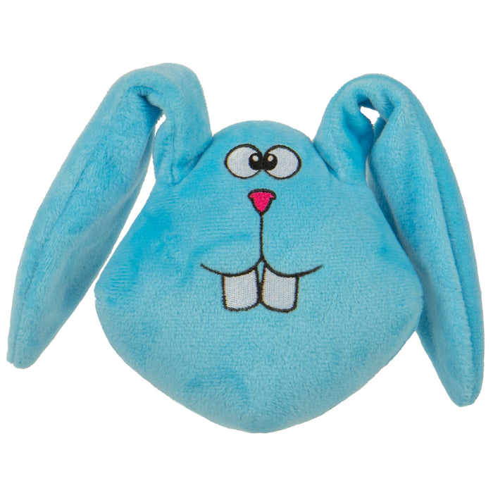 Image of a Blue Plush Dog Toy in the shape of a Rabbit shaped head with embroidered goofy face and buck teeth and long floppy ears. 