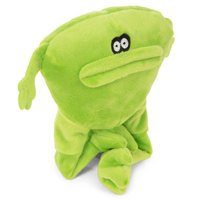 Alternate image displaying the godog action plush frog resting on his crossed legs.