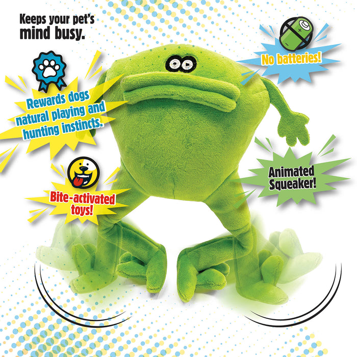 Graphic displaying the features of the goDog action plush frog. Legs kick when the dog bites this toy. Comic book style graphic displaying features, "Keeps your pet's mind busy.", " Rewards dogs natural playing and hunting instincts", "No batteries!", "Bite-activated toys!", "Animated Squeaker!".