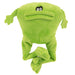Image of the goDog Action Plush Dog Toy. The Green plush dog toy looks soft and has a subtle frown formed on its goofy lips and unsure look in his eyes.