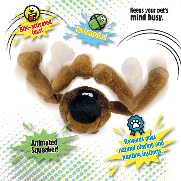 An image in the style of classic comic books displaying the Range of Motion that the godog action plush ape dog toy moves when activated by bite. The graphic lists the features of the toy. "bite-activated toys!" "No batteries!" "Keeps your pet's mind busy." "Animated Squeaker!" "Rewards dogs natural playing and hunting instincts." 