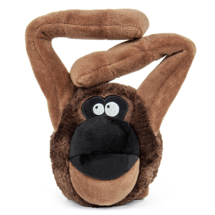 Front facing product image of a brown cartoon style plush dog toy in the image of an APE with two long arms hanging above the apes head