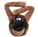 Front facing product image of a brown cartoon style plush dog toy in the image of an APE with two long arms hanging above the apes head