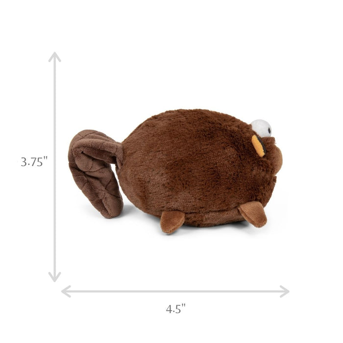 dimension image showing a side profile of the goDog Action Plush Beaver. Arrows with text indicate the height of the toy is 3.75" and the width is 4.5".