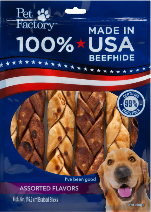 Pet Factory 100% USA Beefhide Assorted Flavored (Beef & Chicken) Braided  Sticks 6pk 6 - Pet Factory