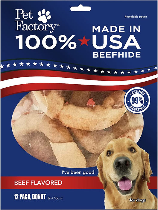 Pet Factory - Made in USA Beefhide Donuts Flavored Dog Treats, 12 count