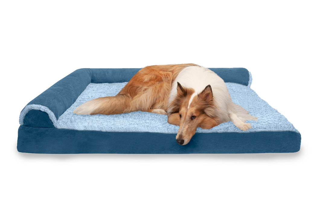 Deluxe Chaise Lounge Dog Bed - Two-Tone Faux Fur & Suede
