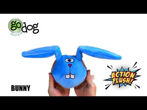Video of the godog action plush Bunny. Features are listed while dogs play with the toy.