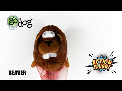 Video describes the features of the goDog Action Plush Beaver. The Toy is activated by biting the soft brown plush dog toy in the shape of a goofy round beaver with a moving tail.