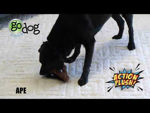 Video of dogs playing with the goDog Action Plush Ape. The video displays a black dog biting the ape dog toy showing the moving action.